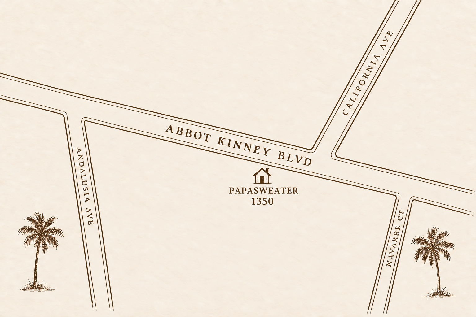 Illustrated Abbot Kinney Boulevard map showing Andalusia Avenue, California Avenue and Navarre Court, with a house marking Papasweater at 1350 beside the boulevard. Use Get directions for precise navigation.